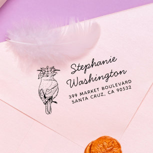 Vogel mit Blume   Name Script und Rücksendeadresse Gummistempel