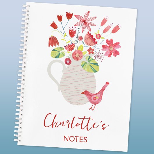 Vogel mit Blumenvase personalisierter Name Notizblock
