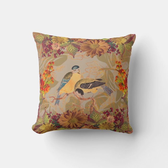 Vögel mit Florals Earth Tones Throw Kissen (Vorderseite)