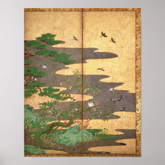 Vögel mit Herbst- und Winter-Blume Poster (Vorne)