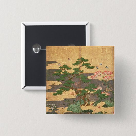 Vögel mit Herbst- und Winter-Blumen Button (Vorne & Hinten)