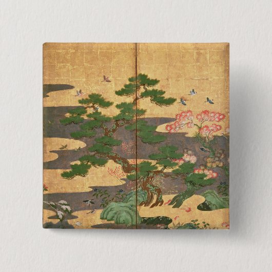 Vögel mit Herbst- und Winter-Blumen Button (Vorderseite)