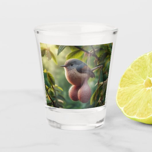 Vogel mit Kugelglas Schnapsglas (Vorderseite)