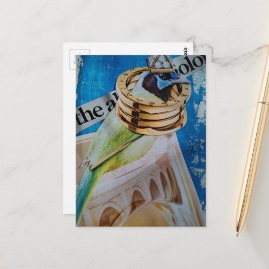 Vogel mit Schmuck und Architektur surreal Postkarte (Vorderseite/Rückseite Beispiel)