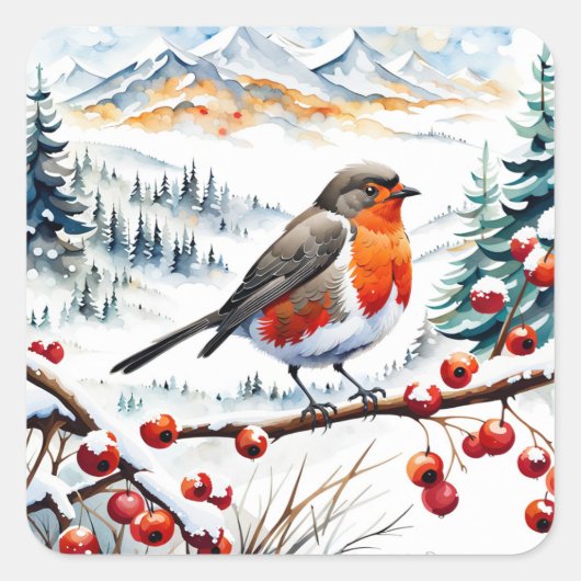 Vogel mit Schnee und Rote Berries Quadratischer Aufkleber (Vorderseite)