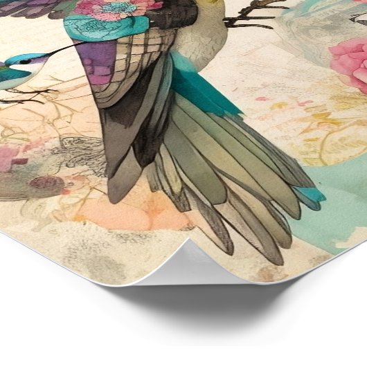 Vögel Mixed Media Collage Ephemera Decoupage Poster (Ecke)