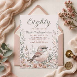 Vogel Neutral Braun Grün Floral 80. Geburtstag Einladung