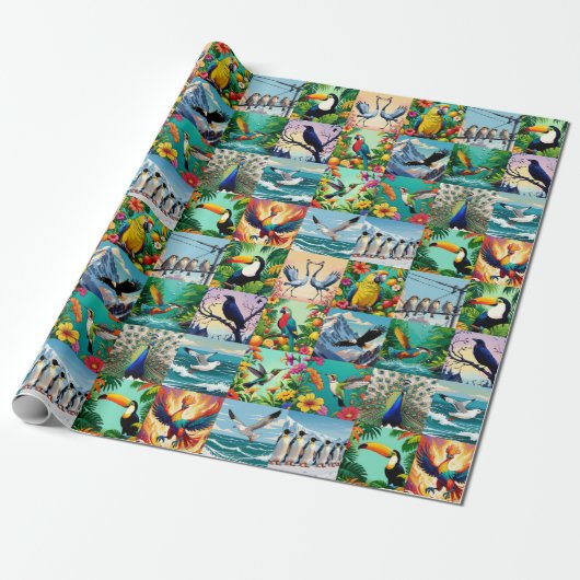 Vögel Patchwork-Muster Geschenkpapier (Ungerollt)