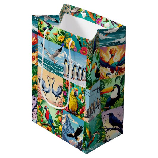 Vögel Patchwork-Muster Mittlere Geschenktüte (Vorderseite Schrägansicht)