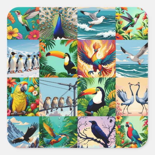 Vögel Patchwork-Muster Quadratischer Aufkleber (Vorderseite)