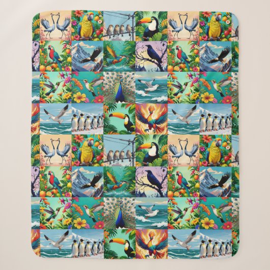 Vögel Patchwork-Muster Sherpadecke (Vorderseite)