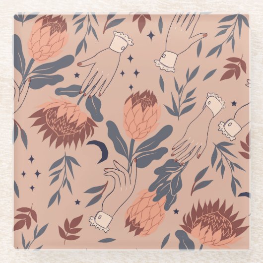 Vögel & Proteas: Vintage Handgrafiken Glasuntersetzer (Vorderseite)