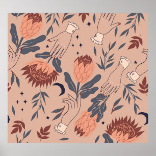 Vögel & Proteas: Vintage Handgrafiken Poster