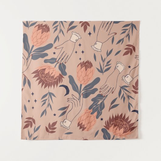 Vögel & Proteas: Vintage Handgrafiken Wandteppich (Vorderseite)