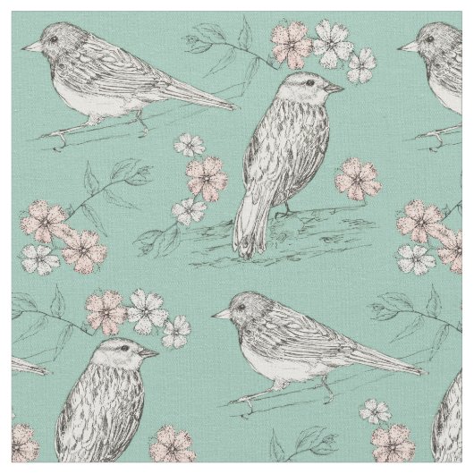 Vögel Rosa Blume Robins Egal Blau Stoff (Nahaufnahme)