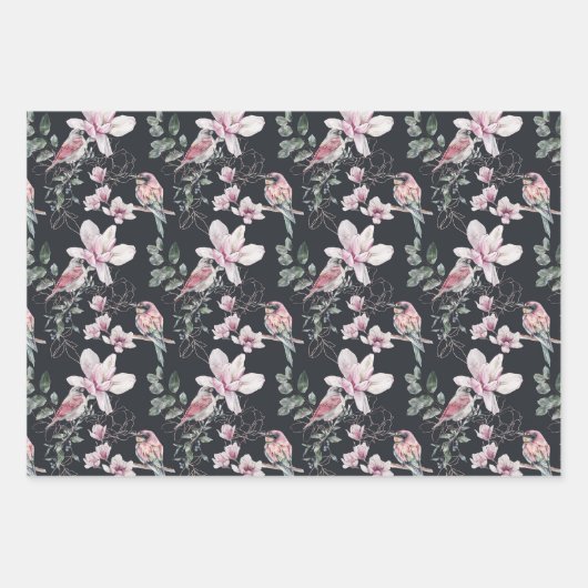 Vögel Rosa Blume Wasserfarbenes botanisches Muster Geschenkpapier Set (Vorderseite)