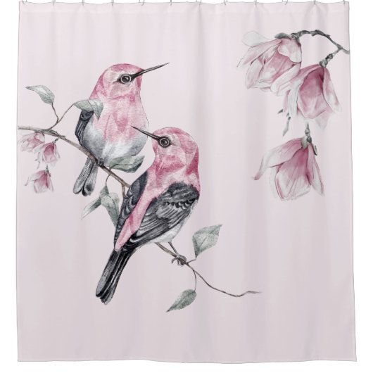 Vögel & Rosa Florals in Wasserfarbe Duschvorhang (Vorderseite)