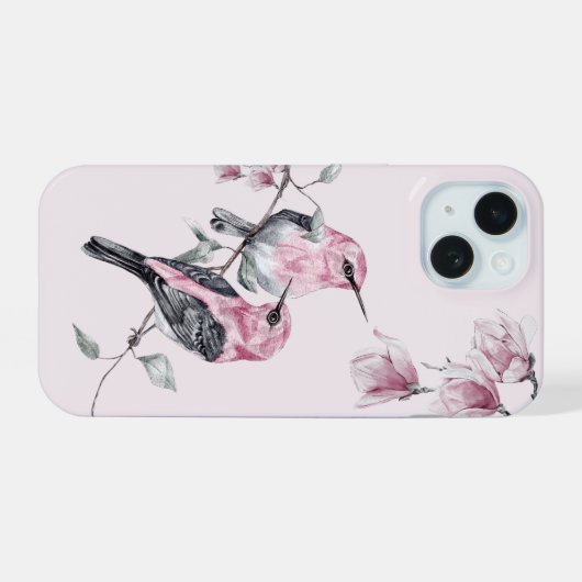 Vögel & Rosa Florals in Wasserfarbe iPhone 15 Hülle (Rückseite (Horizontal))