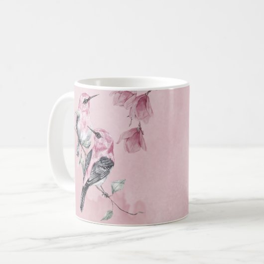 Vögel & Rosa Florals in Wasserfarbe Kaffeetasse (Vorderseite Links)
