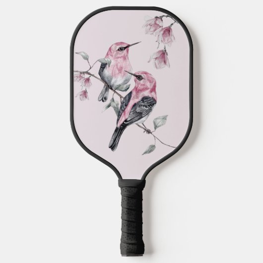 Vögel & Rosa Florals in Wasserfarbe Pickleball Schläger (Vorderseite)
