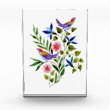Vögel Rosa und Blaue Blumen Aquarell
