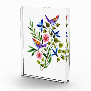 Vögel Rosa und Blaue Blumen Aquarell  Fotoblock