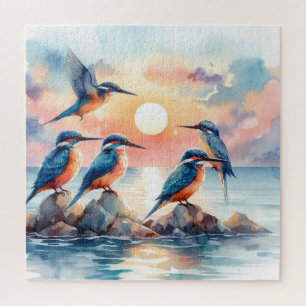 Vögel ruhen auf Felsen in einem ruhigen Meer Puzzle