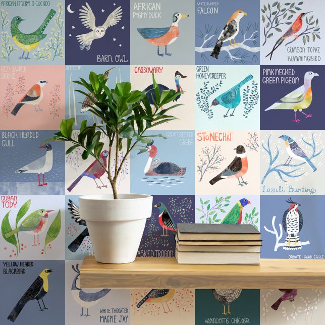 Vögel rund um die Welt Wasserfarben Kunst Tapete (Birds Around the World watercolor art hand lettered peel and stick wallpaper. Art by Nic Squirrell)