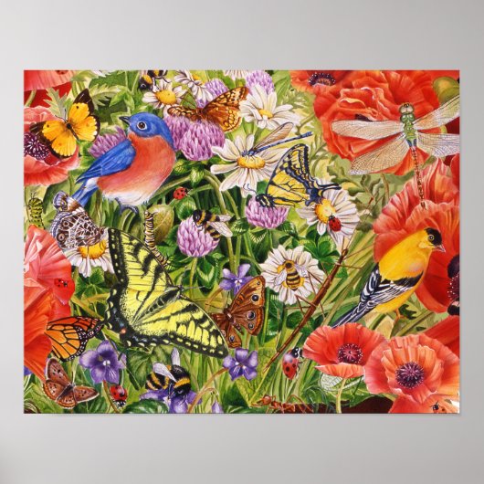 Vögel, Schmetterlinge und Bienen Poster (Vorne)