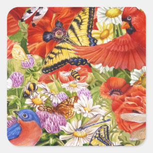 Vögel, Schmetterlinge und Bienenaufkleber Quadratischer Aufkleber