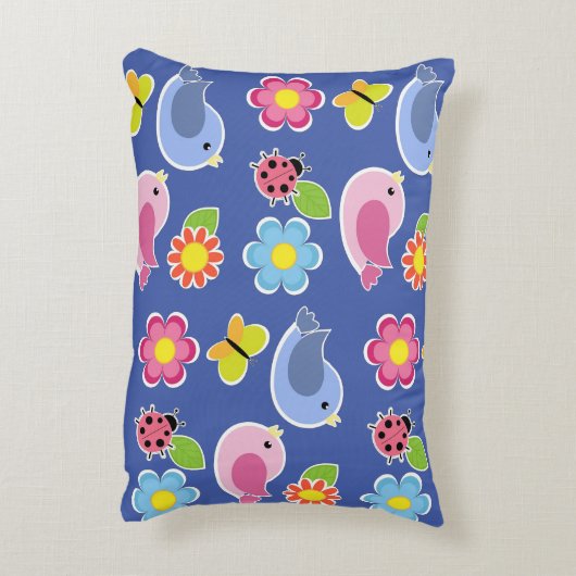 Vögel, Schmetterlinge und Ladybugs Blauer Blumenga Dekokissen (Rückseite(Vertikal))