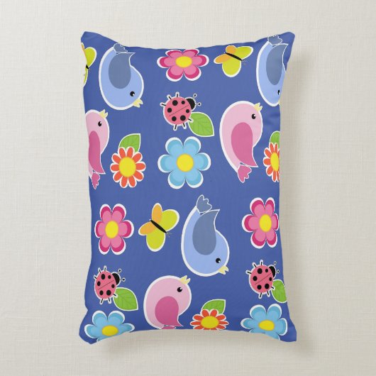 Vögel, Schmetterlinge und Ladybugs Blauer Blumenga Dekokissen (Vorderseite(Vertikal))