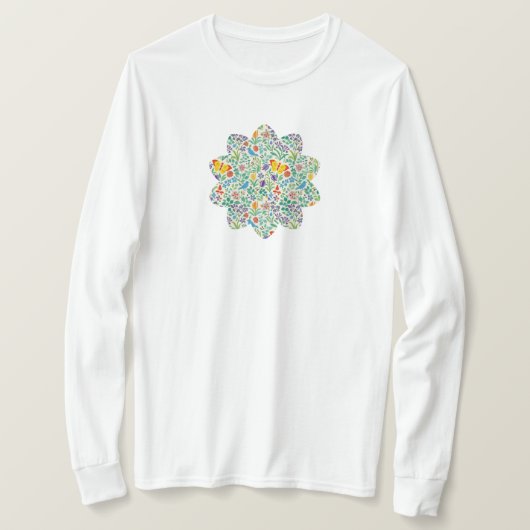 Vögel, Schmetterlinge & Wildblumen-Muster T-Shirt (Design vorne)
