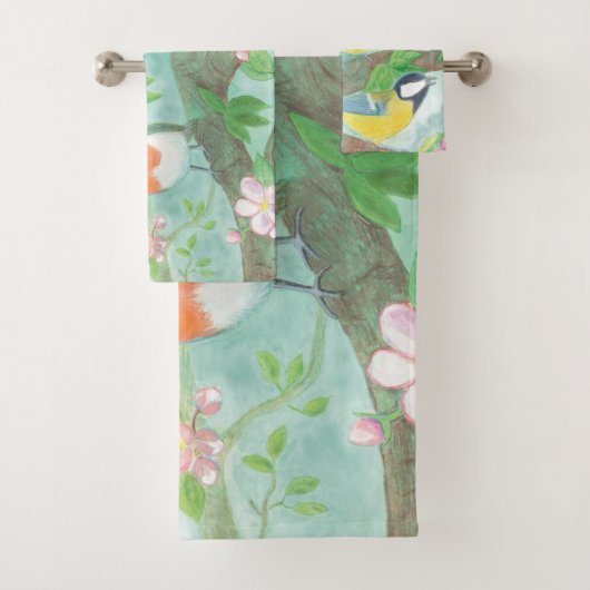 Vögel singen auf einem blühenden Baumzweig Badhandtuch Set (Insitu)