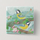 Vögel singen auf einem blühenden Baumzweig Button (Vorderseite)