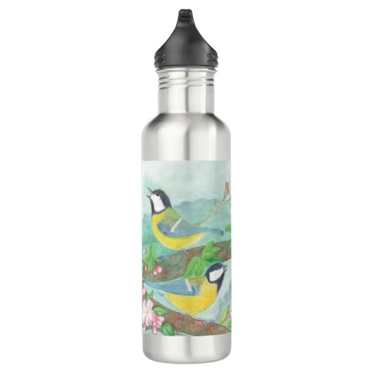 Vögel singen auf einem blühenden Baumzweig Edelstahlflasche (Rechts)