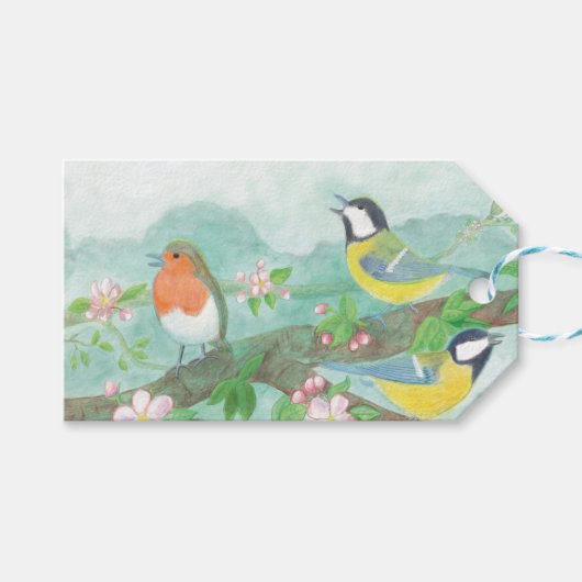 Vögel singen auf einem blühenden Baumzweig Geschenkanhänger (Vorderseite (Horizontal))