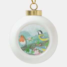 Vögel singen auf einem blühenden Baumzweig Keramik Kugel-Ornament