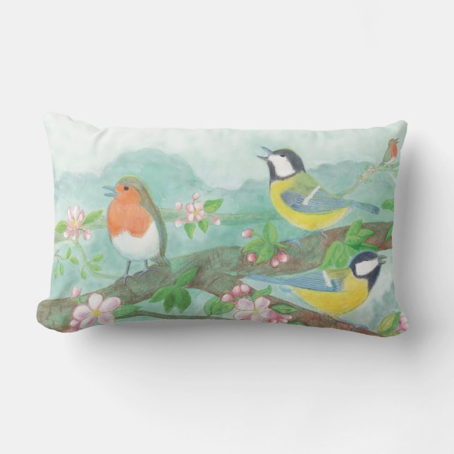 Vögel singen auf einem blühenden Baumzweig Lendenkissen (Vorderseite)