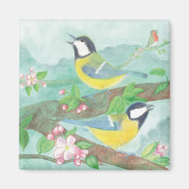 Vögel singen auf einem blühenden Baumzweig Magnet