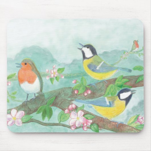 Vögel singen auf einem blühenden Baumzweig Mousepad (Vorne)