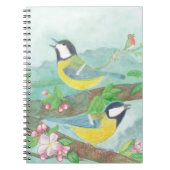 Vögel singen auf einem blühenden Baumzweig Notizblock (Vorderseite)