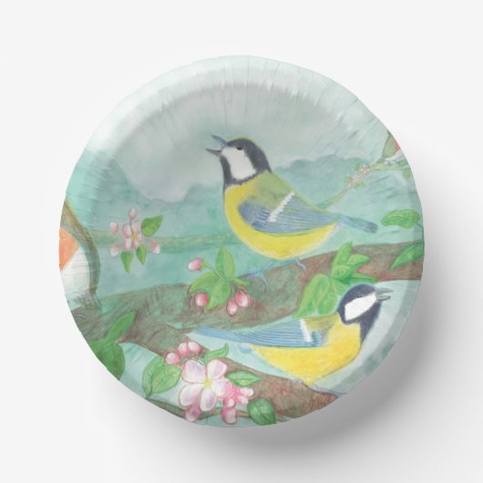 Vögel singen auf einem blühenden Baumzweig Pappteller (Vorderseite)
