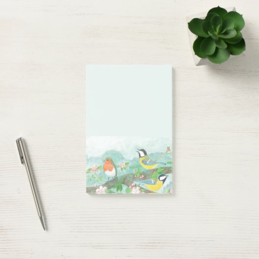 Vögel singen auf einem blühenden Baumzweig Post-it Klebezettel (Büro)