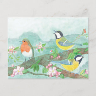 Vögel singen auf einem blühenden Baumzweig Postkarte