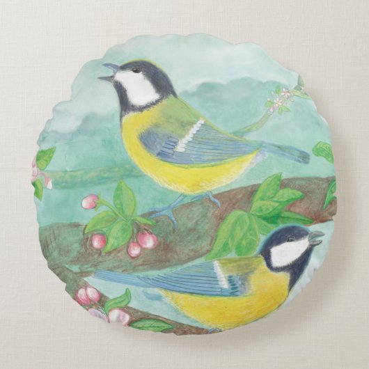 Vögel singen auf einem blühenden Baumzweig Rundes Kissen (Vorderseite)