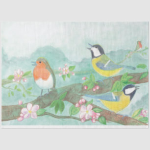 Vögel singen auf einem blühenden Baumzweig Seidenpapier