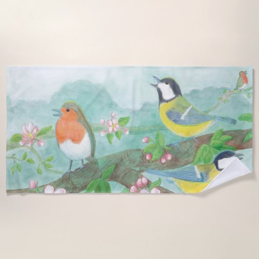 Vögel singen auf einem blühenden Baumzweig Strandtuch (Vorderseite)