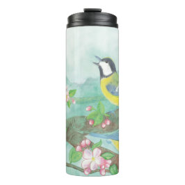 Vögel singen auf einem blühenden Baumzweig Thermosbecher