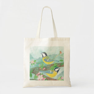 Vögel singen auf einem blühenden Baumzweig Tragetasche